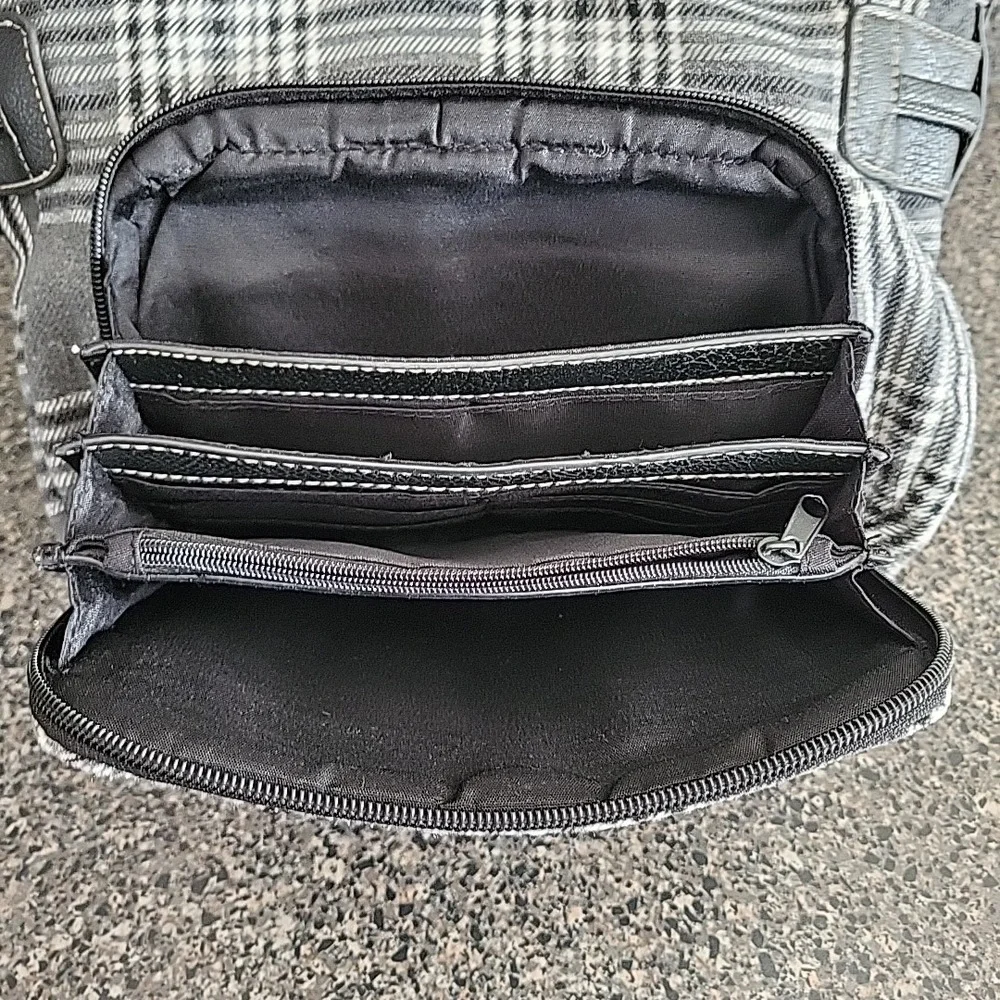ROSETTI gray PLAID Fabric LARGE Hobo Shoulder bag Black Trim &‎ TASSELS silver